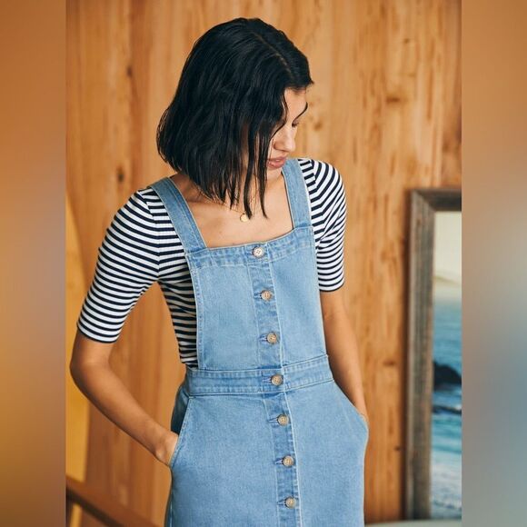 Faherty Organic Cotton Denim Remi Dress Blue Hanalei Wash Midi Pockets Jumper - Picture 14 of 15